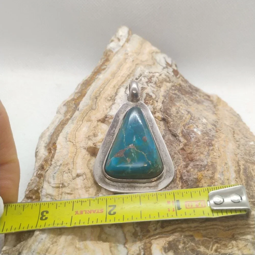 Stunning 950 Silver Blue Green Matrix Turquoise Pendant Triangle Shaped - Picture 6 of 10